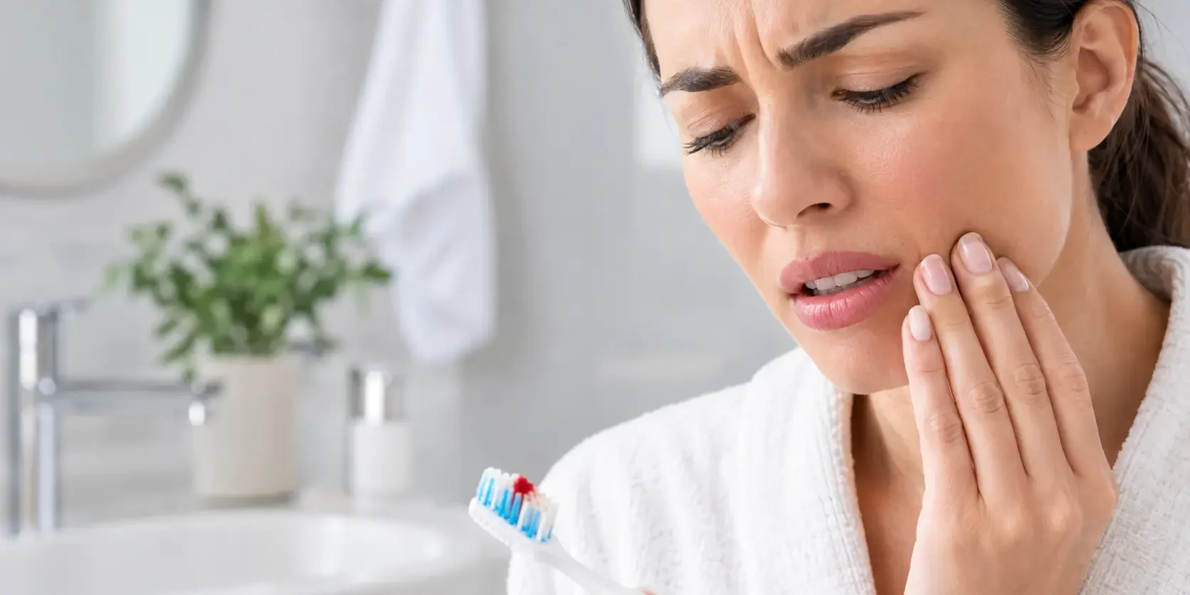 Gengiva Sangrando: Causas, Gengivite e Periodontite Mulher preocupada examina escova de dentes com sangue - gengivite e periodontite